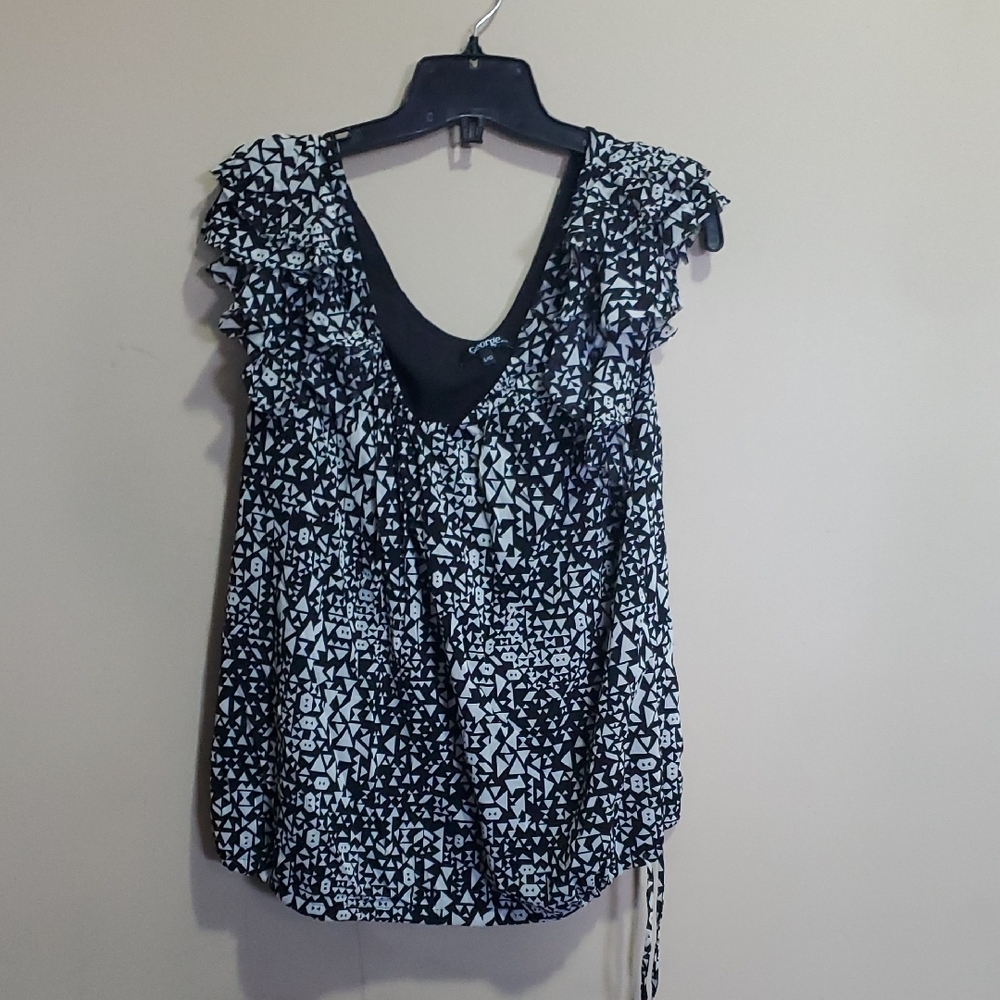 George Black and White Patterned Blouse Size Large